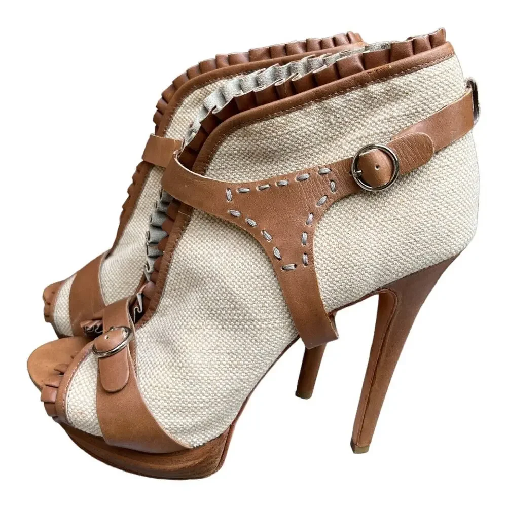 Velvet Angels Womens Platform Peep Toe Tan Leather Woven Pumps Sz 37.5 EU 6.5 US